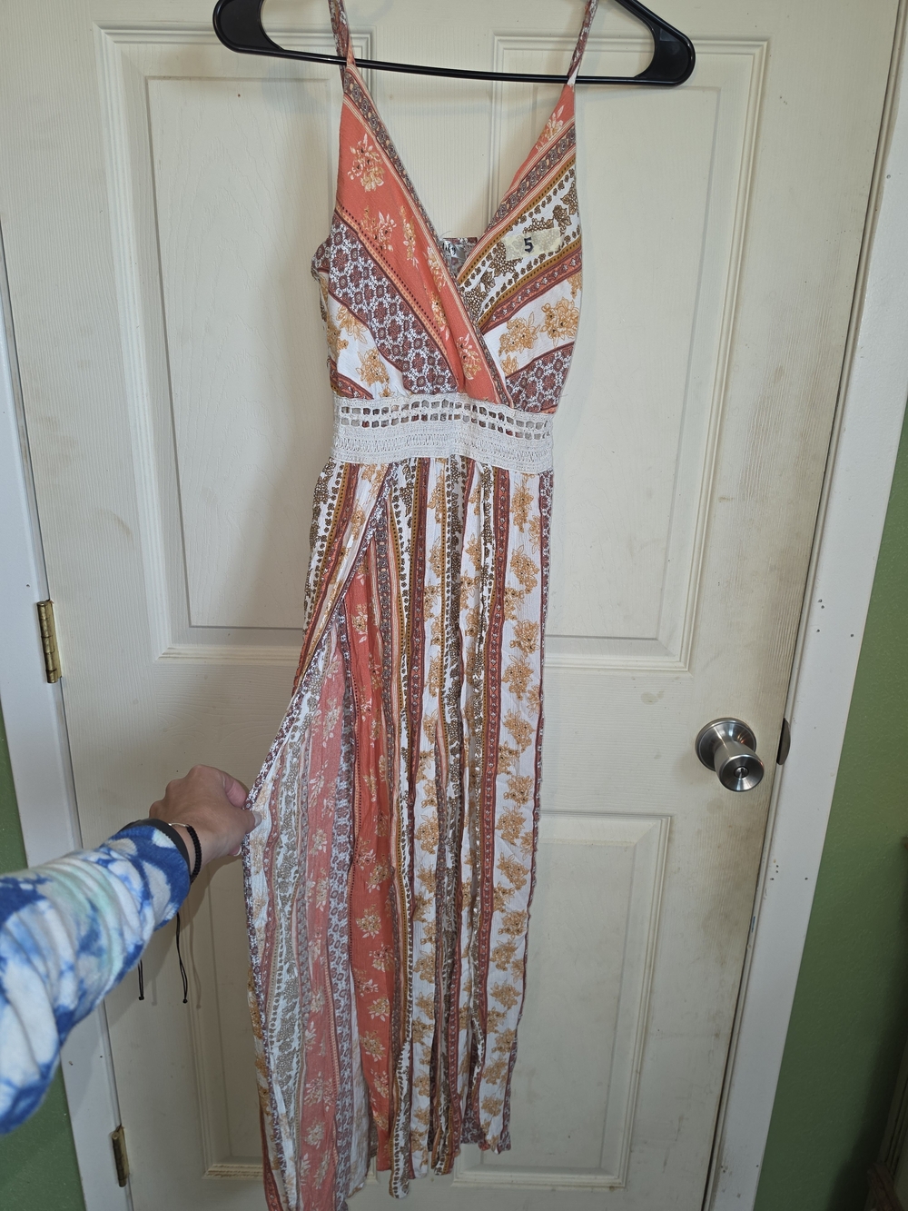 Bohemian Floral Maxi Dress with Lace Waist - Coral, White, Brown